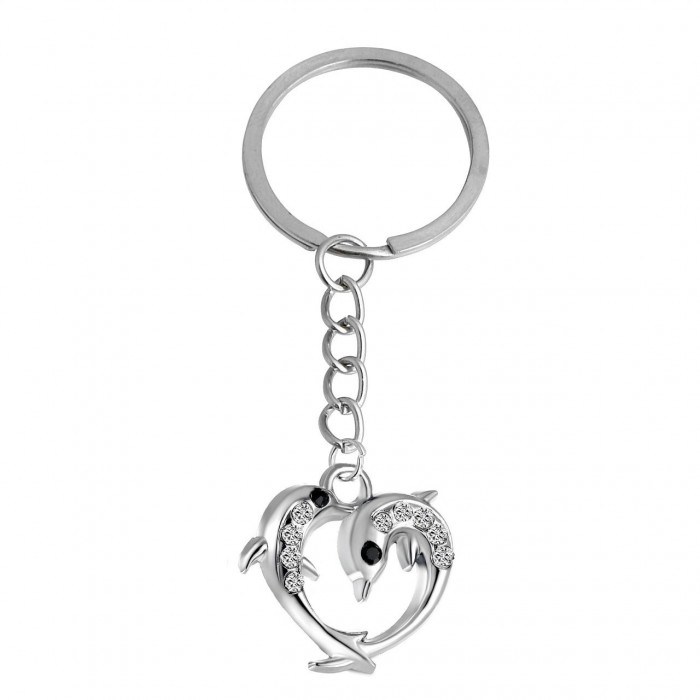 Porte-clés couple de dauphin coeur amoureux strass argenté Porte-clés couple de dauphin coeur amoureux strass argenté