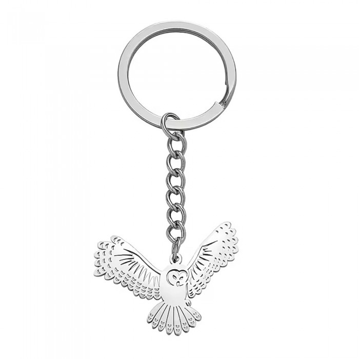 Porte-clés ciselé chouette protectrice ailes déployées en acier inoxydable Porte-clés ciselé chouette protectrice ailes déployées en acier inoxydable