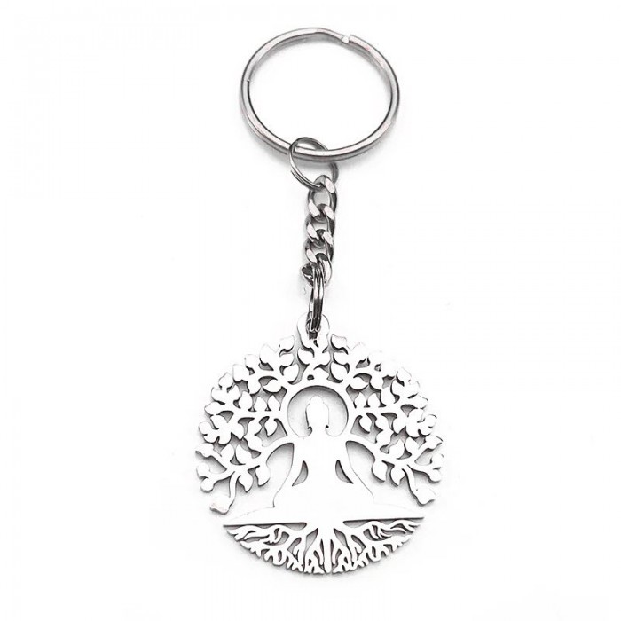 Porte-clés ciselé Bouddha méditation Arbre de vie spirituel acier inoxydable Porte-clés ciselé Bouddha méditation Arbre de vie spirituel acier inoxydable