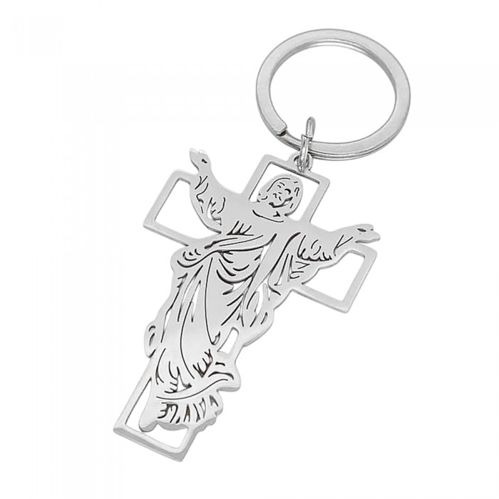 Porte-clés croix protection ciselées Jésus acier inoxydable Porte-clés croix protection ciselées Jésus acier inoxydable