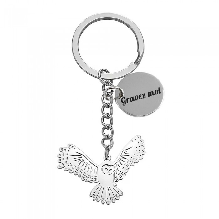 Porte-clés ciselé chouette protectrice ailes déployées en acier inoxydable gravure personnalisée sur médaille Porte-clés ciselé chouette protectrice ailes déployées en acier inoxydable gravure personnalisée sur médaille