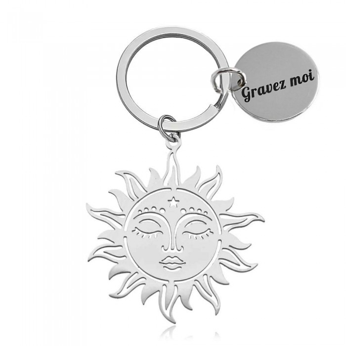 Porte-clés ciselé soleil mystique spirituel méditation acier inoxydable gravure personnalisée sur médaille Porte-clés ciselé soleil mystique spirituel méditation acier inoxydable gravure personnalisée sur médaille