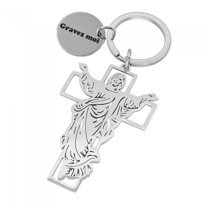 Porte-clés croix protection ciselées Jésus acier inoxydable gravure personnalisée sur médaille Porte-clés croix protection ciselées Jésus acier inoxydable gravure personnalisée sur médaille